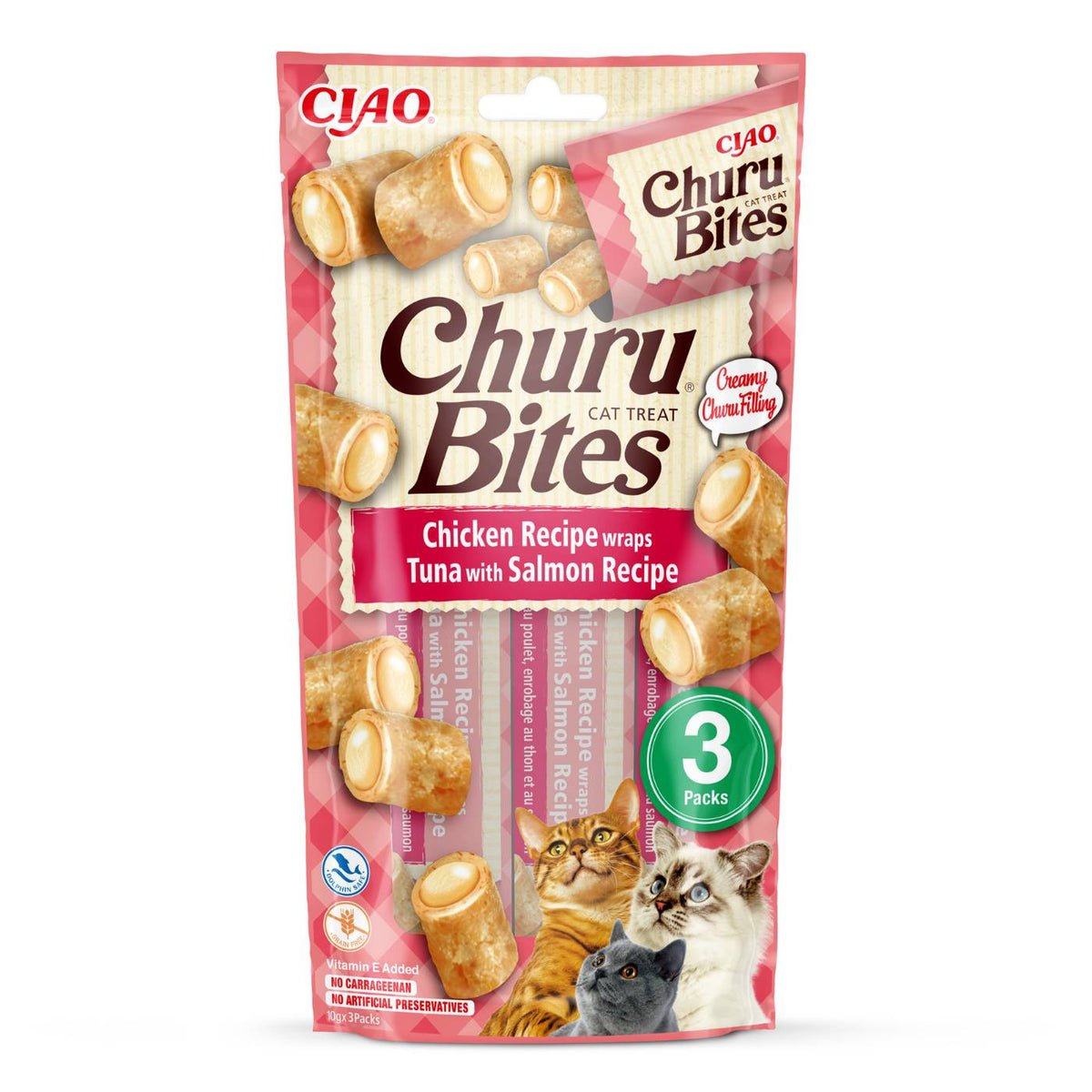 Inaba Ciao Churu Bites Premio Snack per Gatti al Pollo con Ripieno Morbido di Tonno e Salmone 3 Stick da 10 g