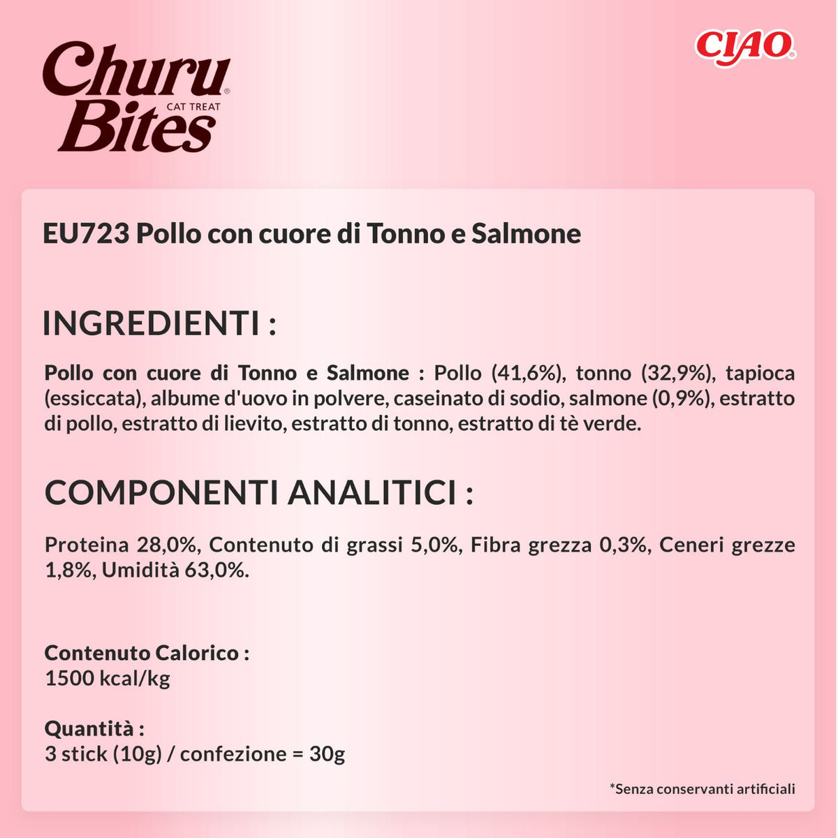 Inaba Ciao Churu Bites Premio Snack per Gatti al Pollo con Ripieno Morbido di Tonno e Salmone 3 Stick da 10 g