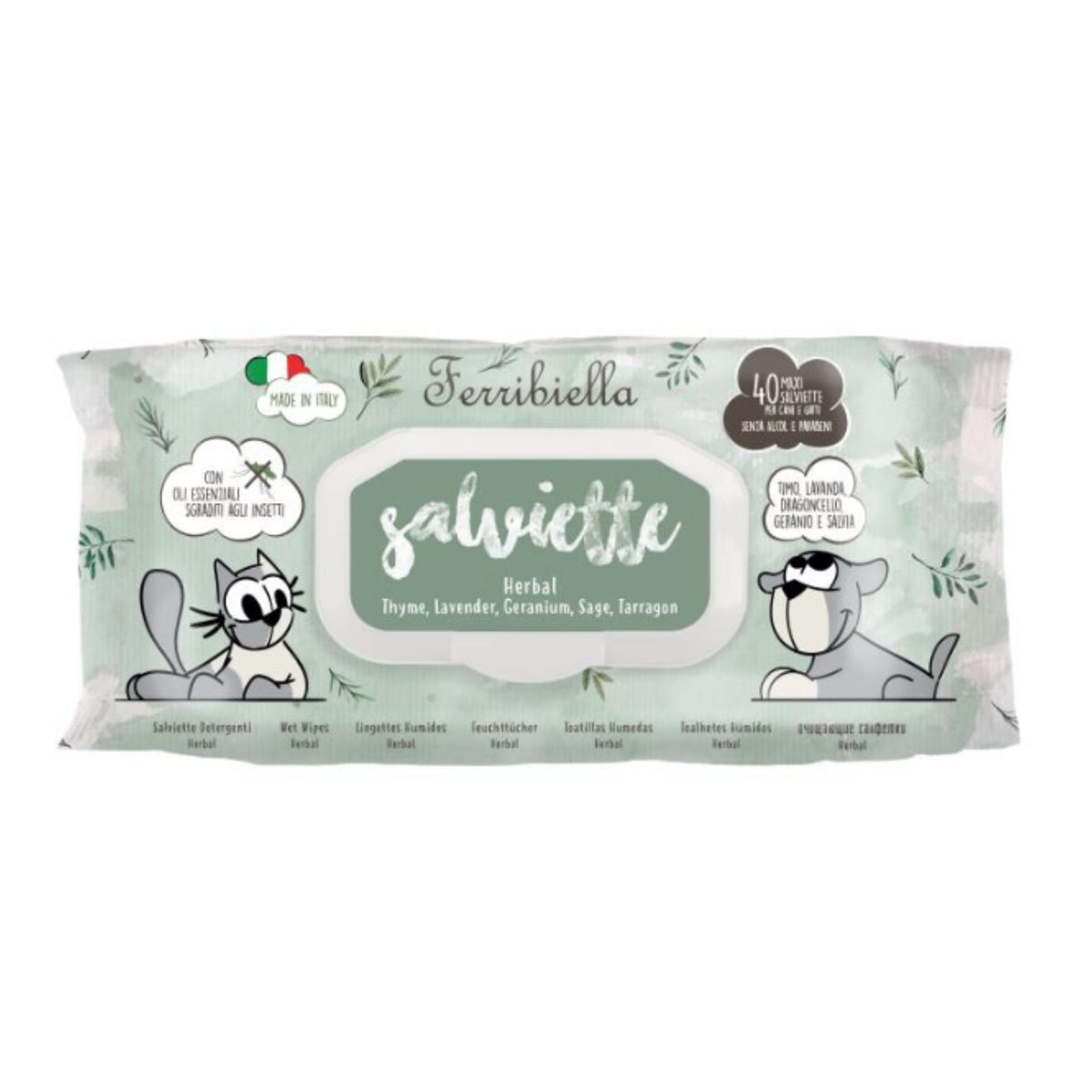 Ferribiella Salviette Detergenti per Cani e Gatti Herbal con Oli Essenziali Sgraditi agli Insetti 40 Pezzi