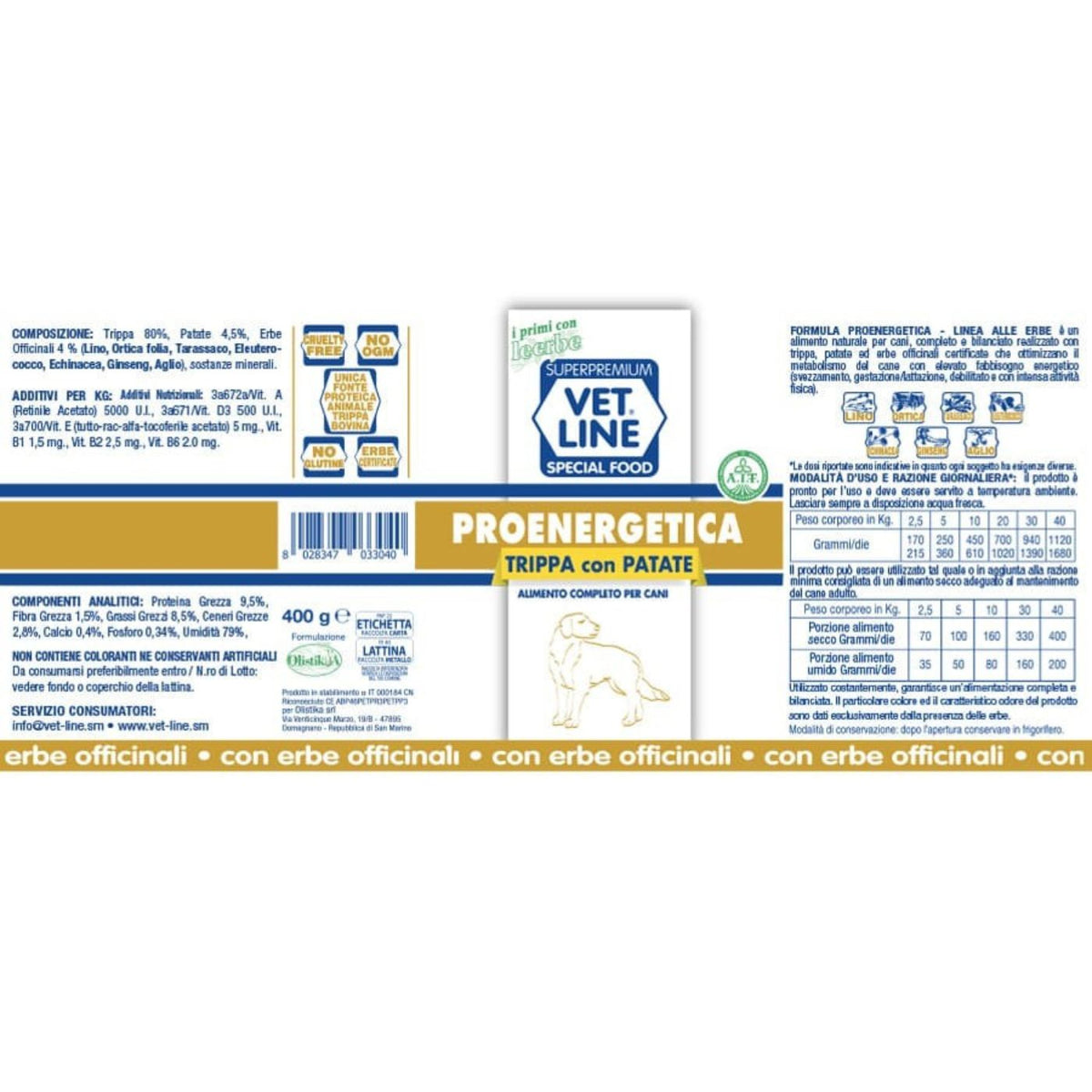 Vet Line Linea Proenergetica Trippa e Patate Alimento Umido per Cani Adulti 400 g VetLine