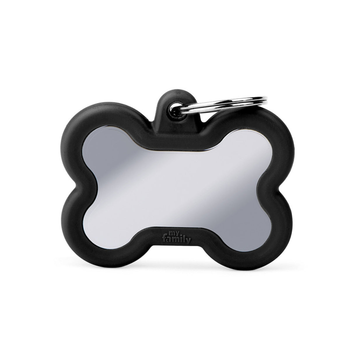 MyFamily Medaglietta per Cani Personalizzabile Hushtag Osso Ottone Cromato Gomma Nera