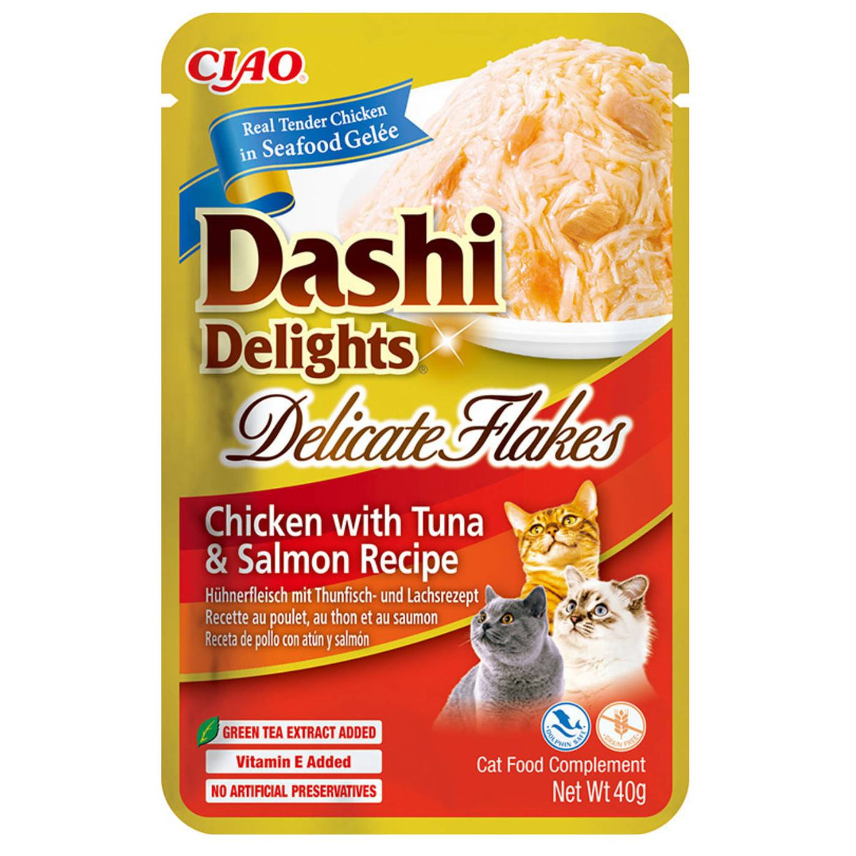 Inaba Dashi Delights Delicati Fiocchi di Pollo con Tonno e Salmone in Brodo Cibo Umido per Gatti 40 g