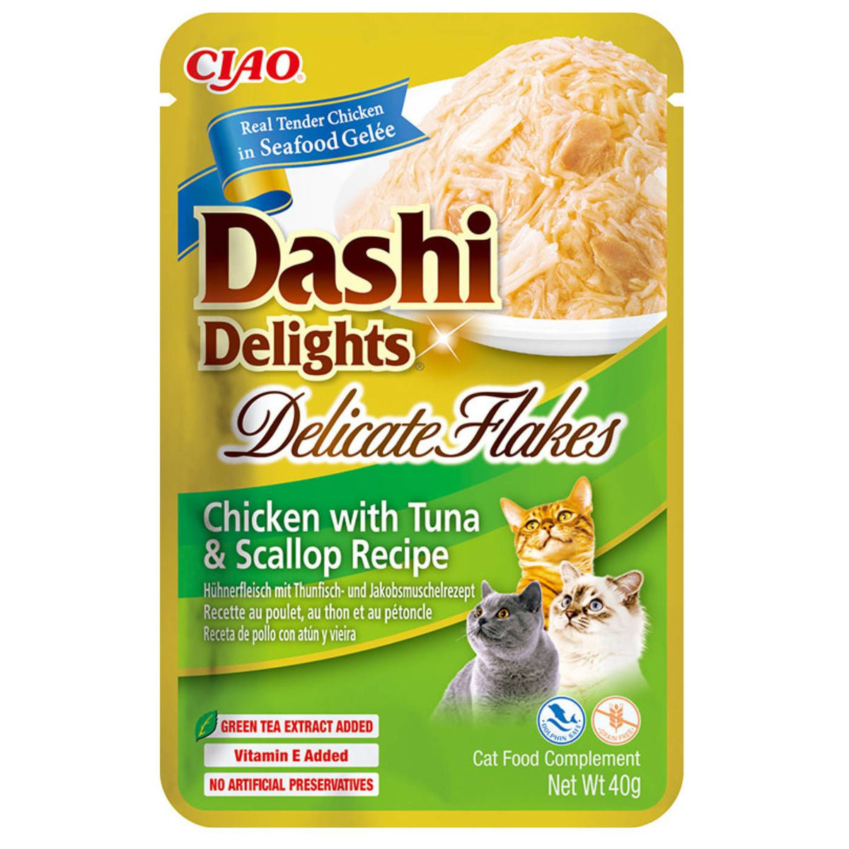 Inaba Dashi Delights Delicati Fiocchi di Pollo con Tonno e Capasanta in Brodo Cibo Umido per Gatti 40 g