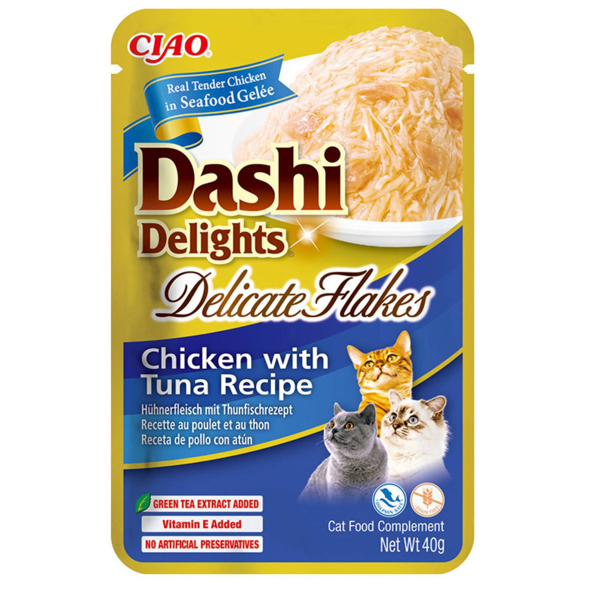 Inaba Dashi Delights Delicati Fiocchi di Pollo con Tonno in Brodo Cibo Umido per Gatti 40 g