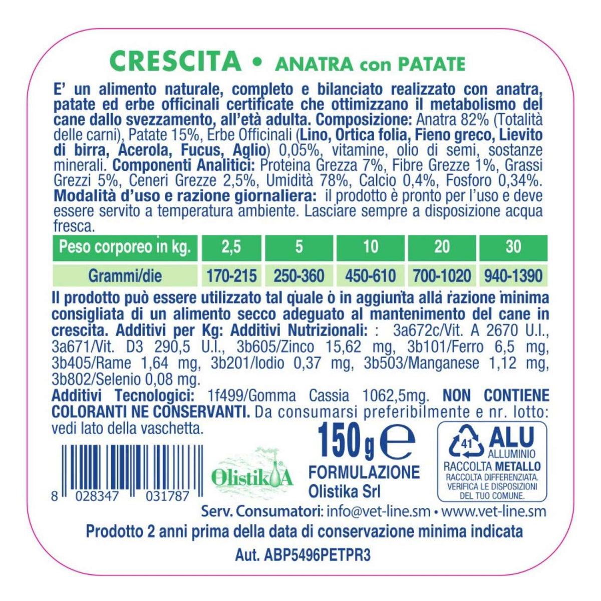 Vet Line Umido Crescita Anatra e Patate per Cuccioli Puppy VetLine