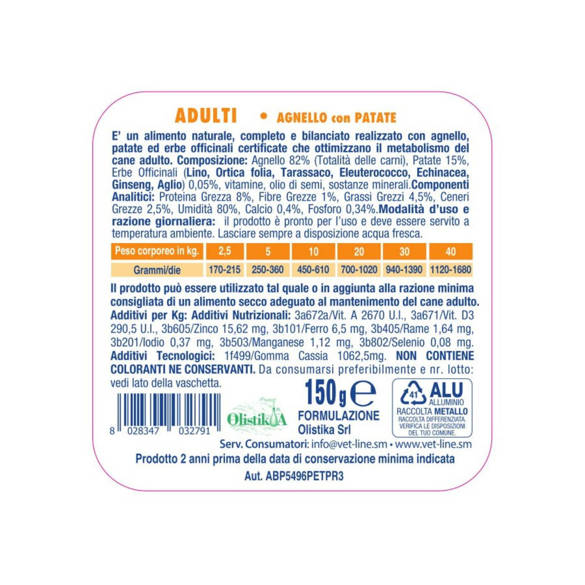 Vet Line Umido Adulti Agnello e Patate per Cani Adulti VetLine