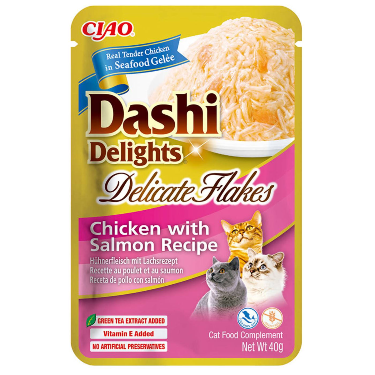 Inaba Dashi Delights Delicati Fiocchi di Pollo con Salmone in Brodo Cibo Umido per Gatti 40 g