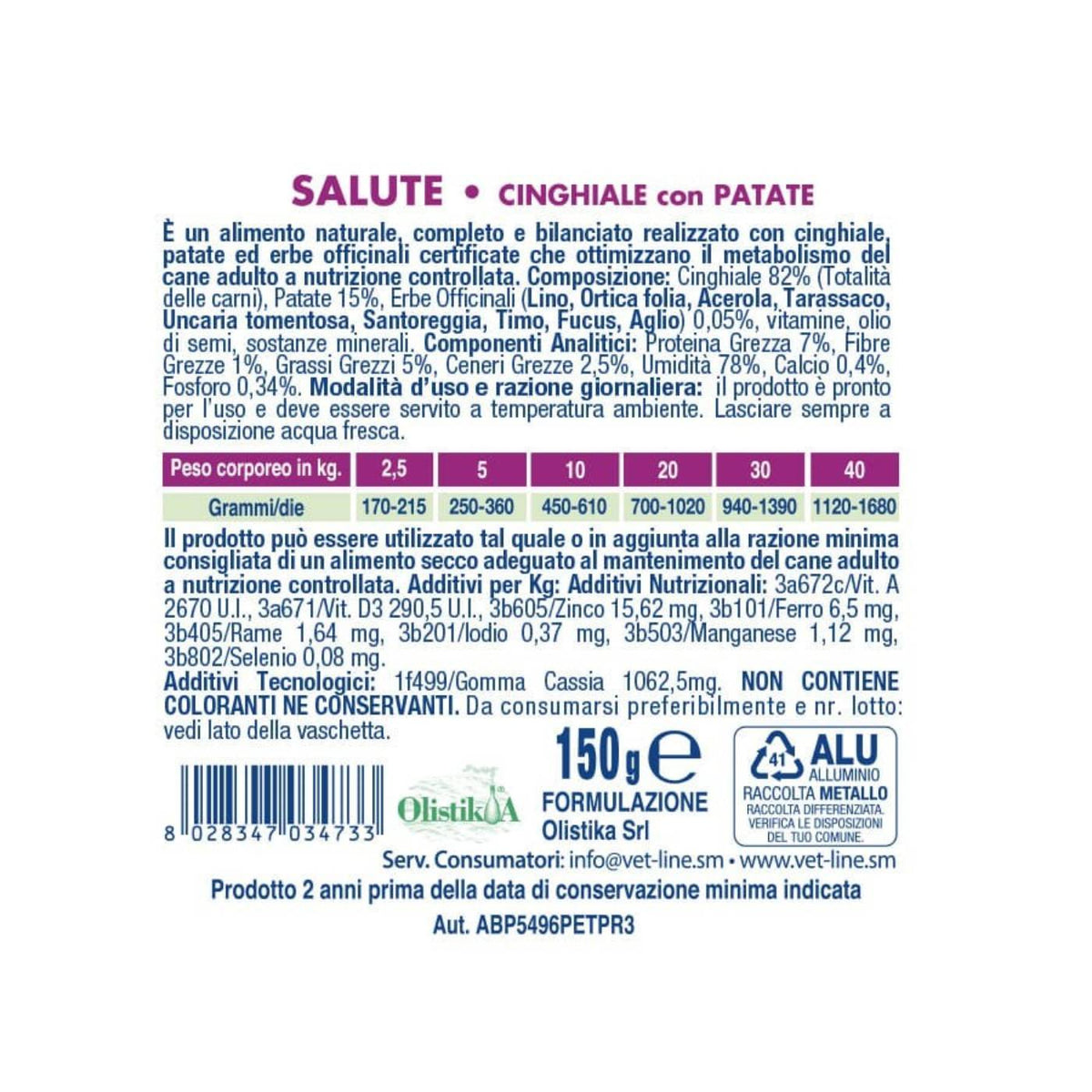 Vet Line Salute Cinghiale con Patate Alimento Umido Monoproteico per Cani VetLine