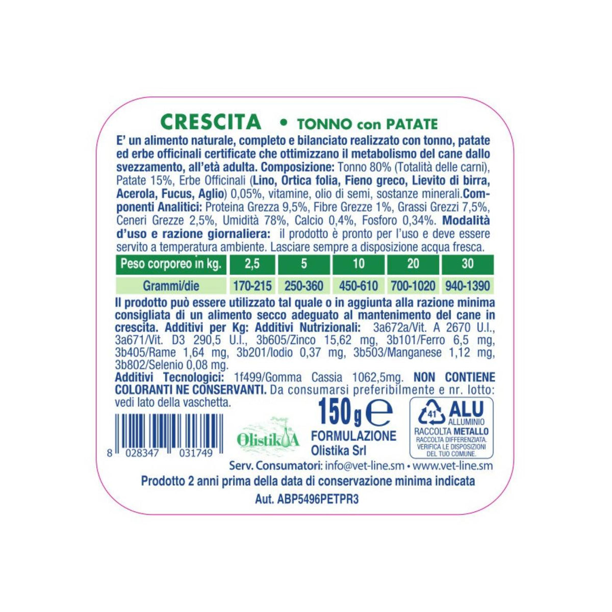 Vet Line Umido Crescita Tonno e Patate per Cuccioli Puppy
