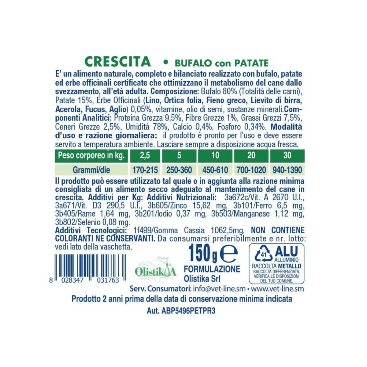 Vet Line Umido Crescita Bufalo e Patate per Cuccioli VetLine