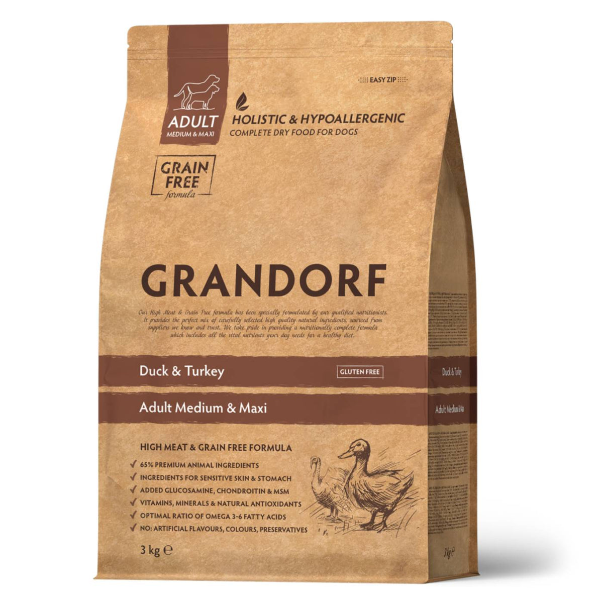 Grandorf Adult Grain Free Anatra e Tacchino Medium &amp; Maxi per Cani Adulti