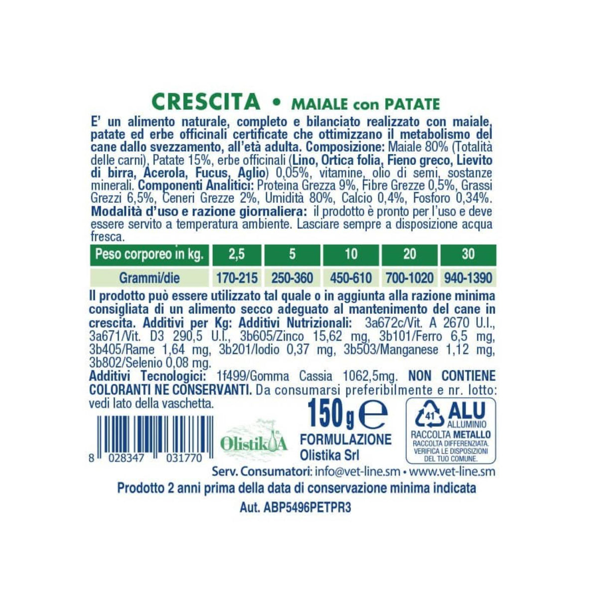Vet Line Umido Crescita Maiale e Patate per Cuccioli Puppy Vetline