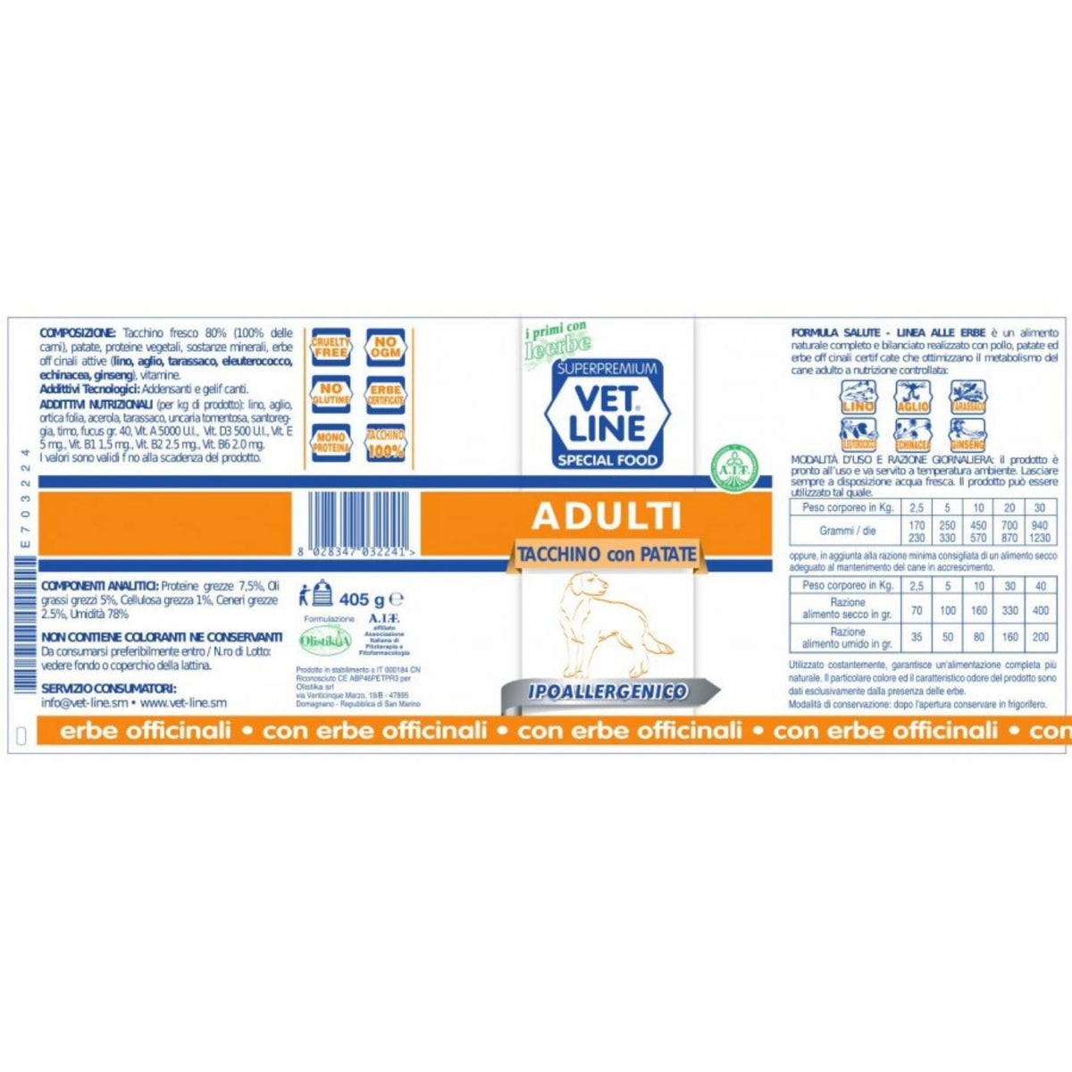 Vet Line Umido Tacchino e Patate per Cani Adulti 400 g VetLine