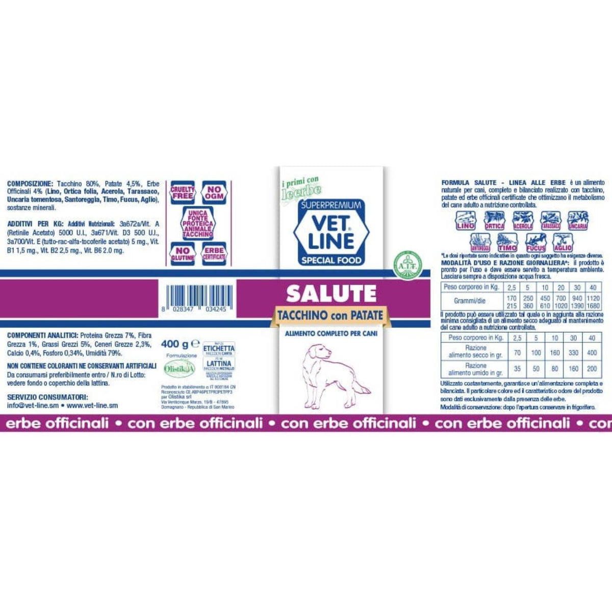 Vet Line Salute Tacchino con Patate Umido Monoproteico per Cani 400 g