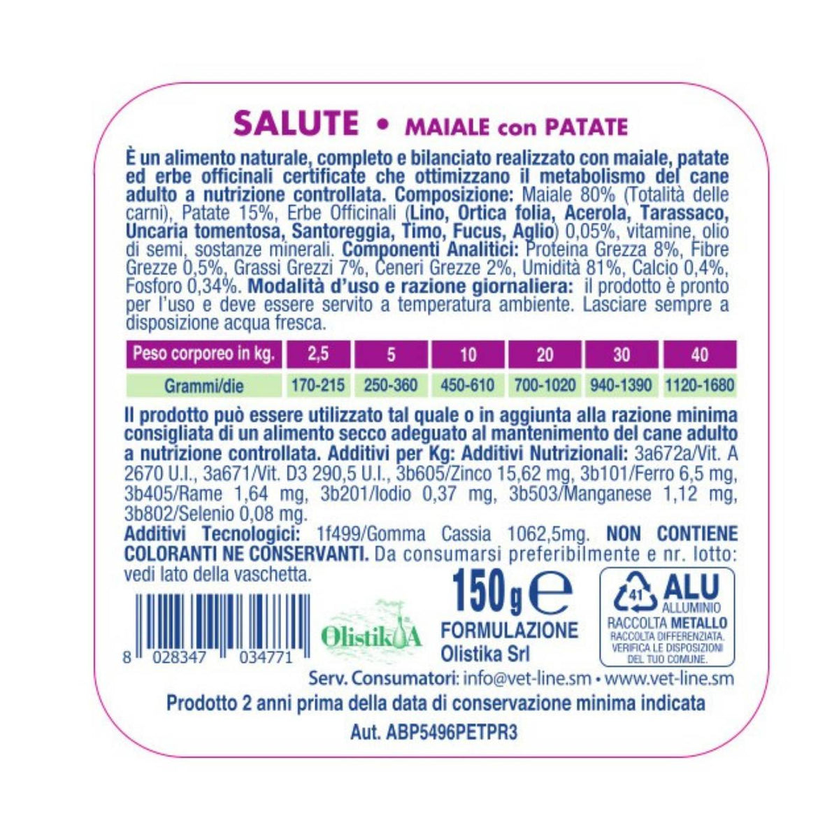 Vet Line Salute Maiale con Patate Alimento Umido Monoproteico per Cani VetLine