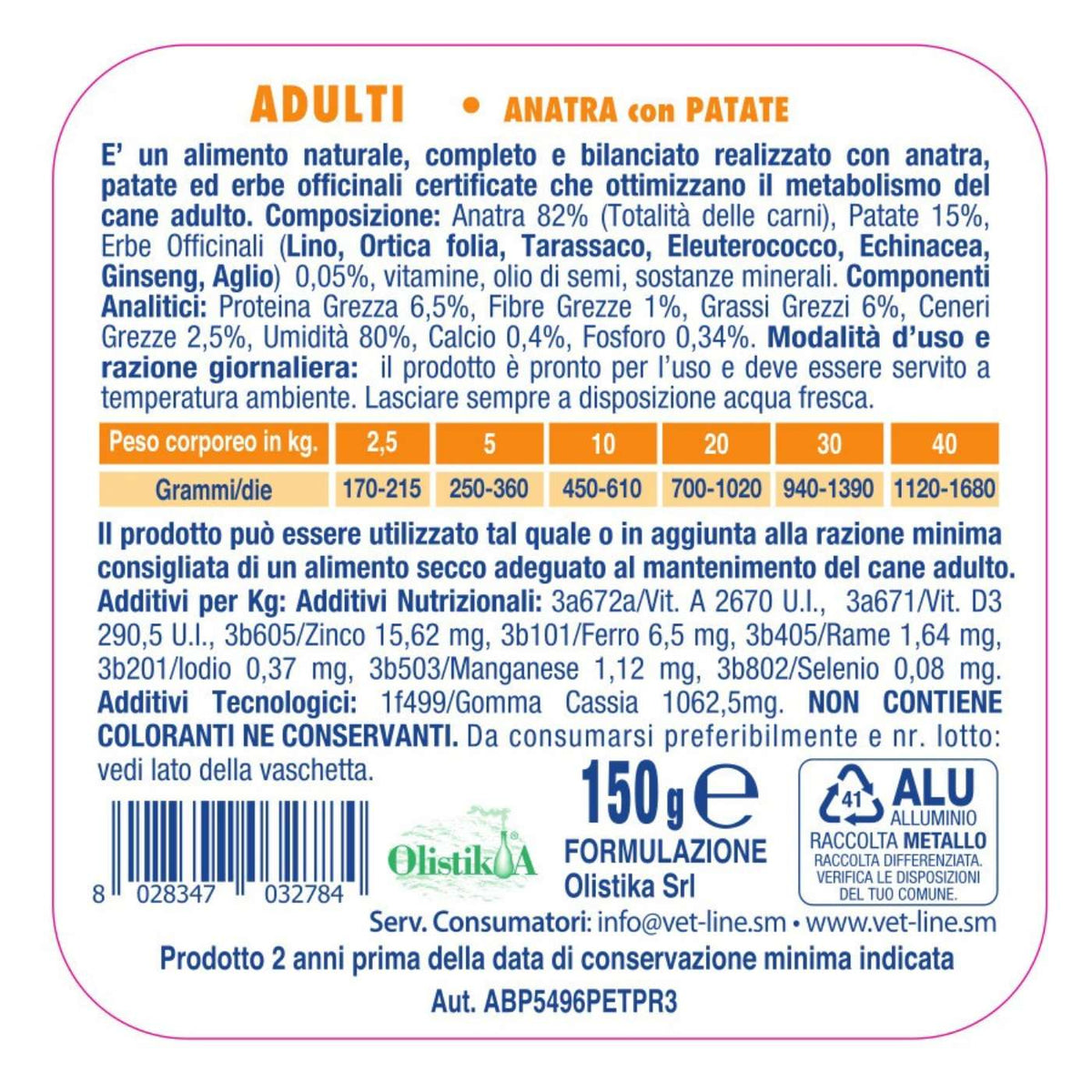 Vet Line Umido Adulti Anatra e Patate per Cani Adulti VetLine