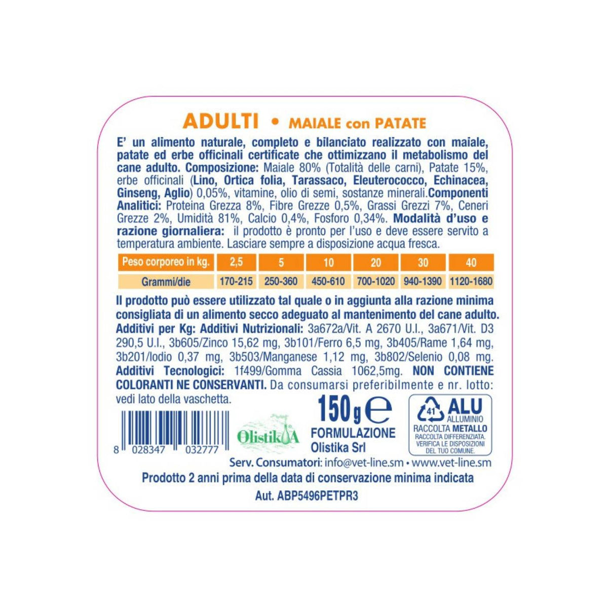 Vet Line Umido Adulti Maiale e Patate per Cani Adulti Monoproteico VetLine
