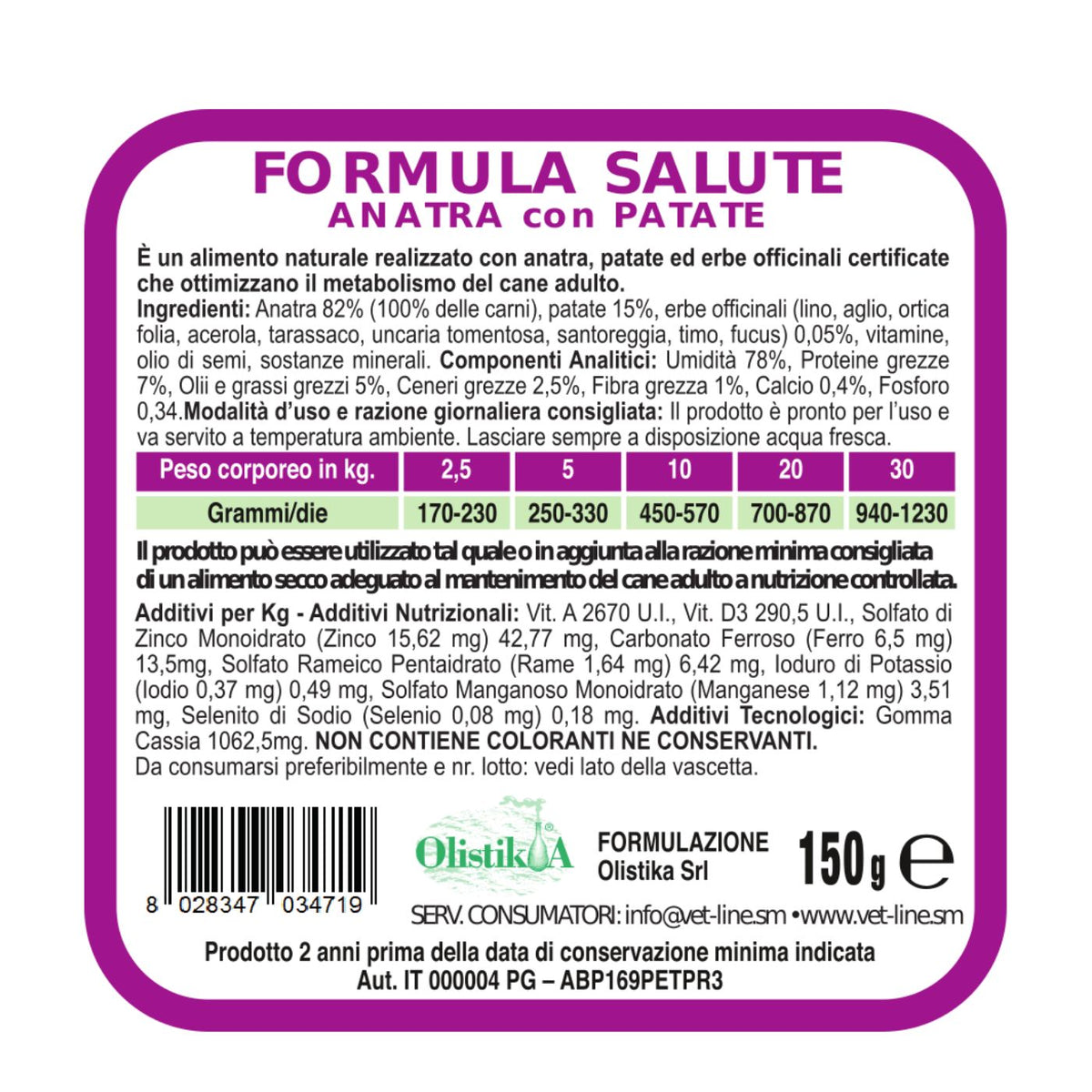 Vet Line Salute Anatra con Patate Alimento Umido Monoproteico per Cani VetLine