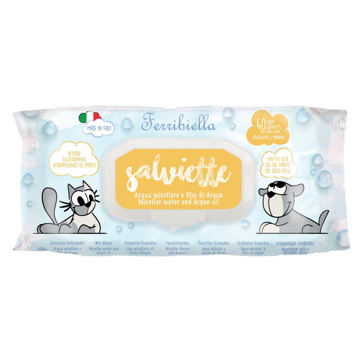 Ferribiella Salviette Detergenti per Cani e Gatti con Acqua Micellare e Olio di Argan Biologico 40 Pezzi