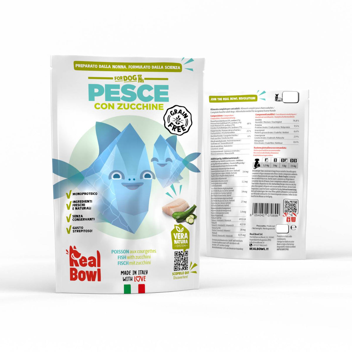 Real Bowl Alimento Completo Fresco Cotto per Cani al Pesce con Zucchine Senza Cereali Grain Free