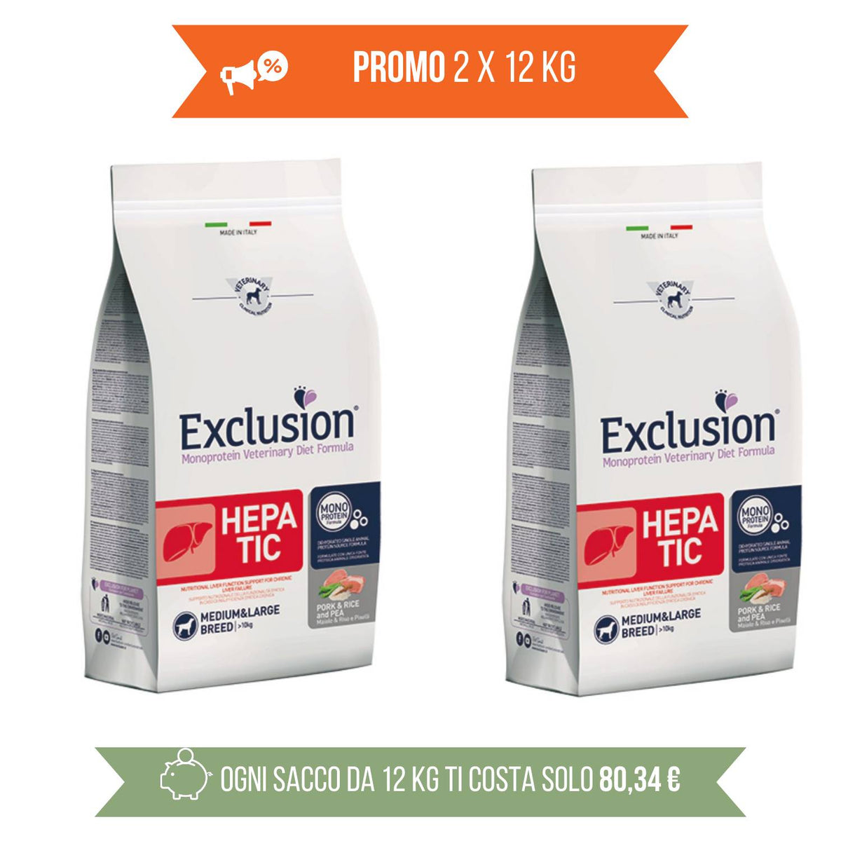 Exclusion Diet Hepatic Medium Large Maiale Riso e Piselli per Cani