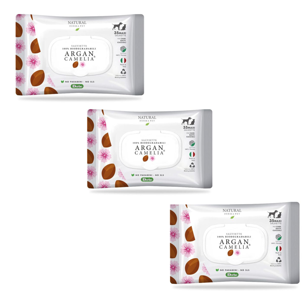 Natural Derma Pet by Derbe Salviette Detergenti Profumate Biodegradabili Argan e Camelia per Cani Gatti e Cuccioli