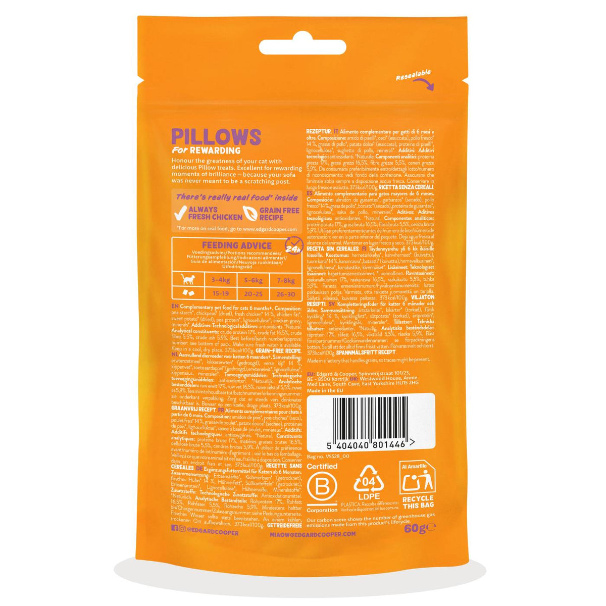 Edgard&Cooper Snack per Gatti Pillows Fagottini Ripieni al Pollo 60 g