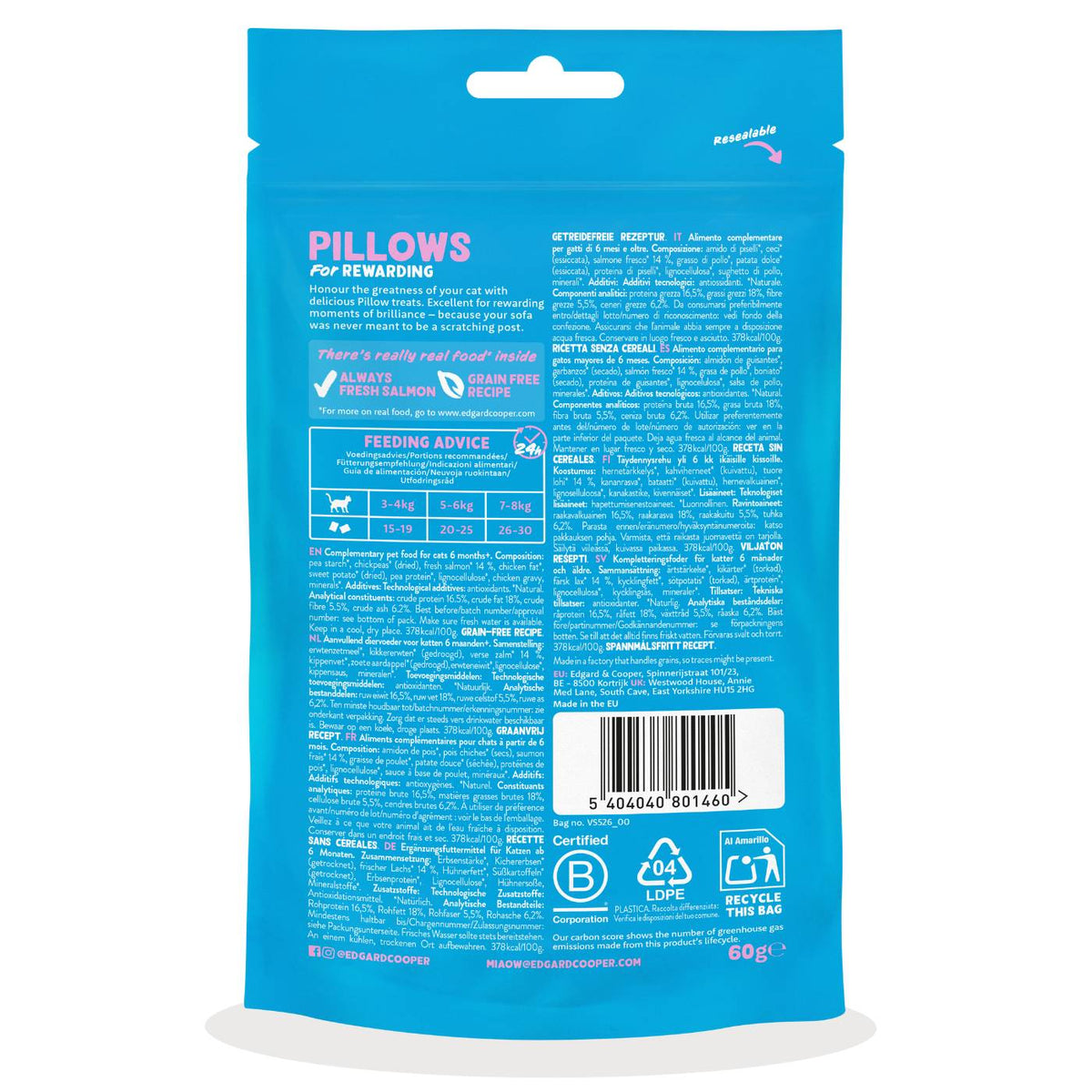 Edgard&Cooper Snack per Gatti Pillows Fagottini Ripieni al Salmone 60 g