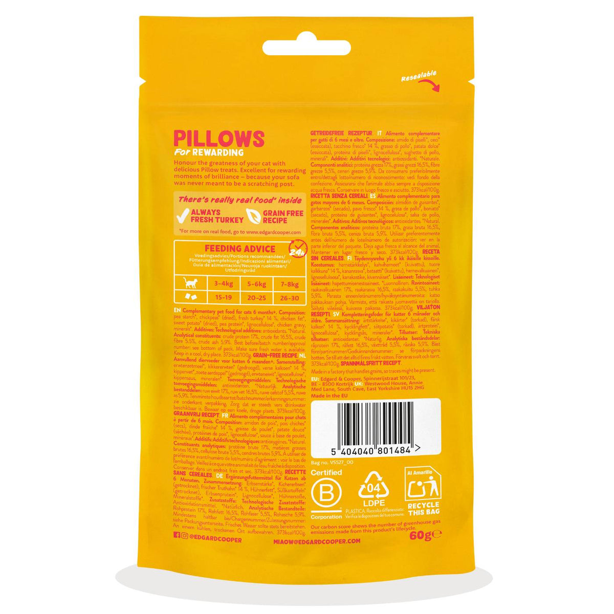 Edgard&Cooper Snack per Gatti Pillows Fagottini Ripieni al Tacchino 60 g