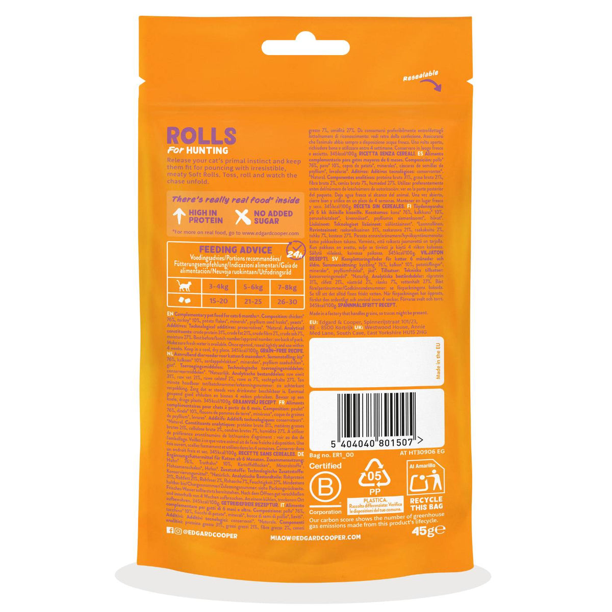 Edgard&Cooper Snack Morbidi per Gatti Rolls al Pollo e Tacchino 45 g