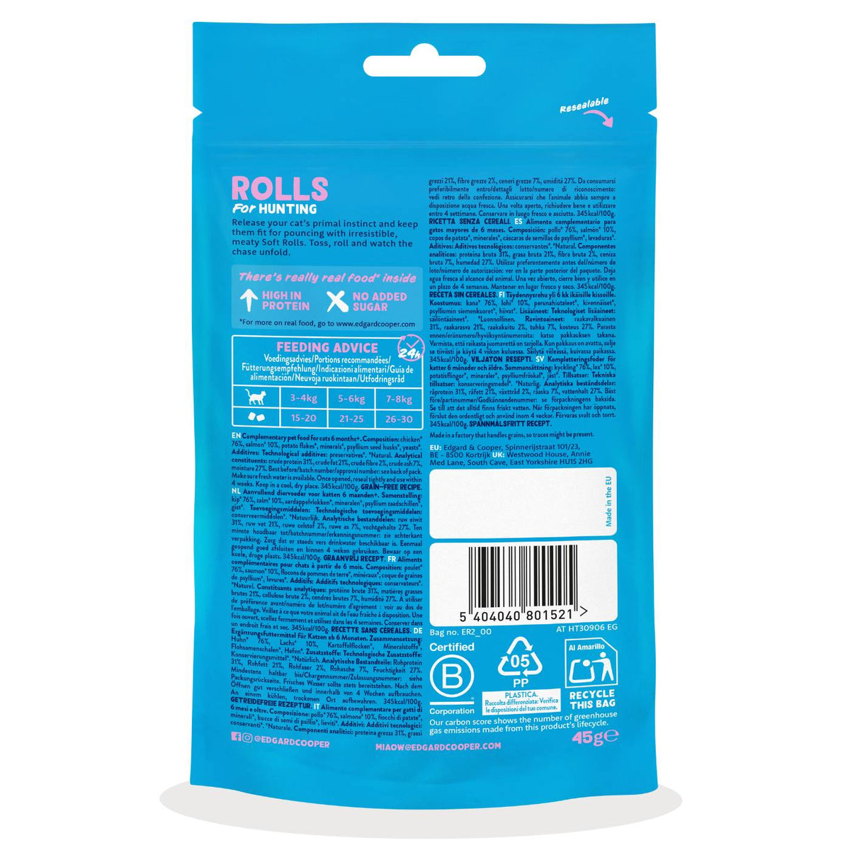Edgard&Cooper Snack Morbidi per Gatti Rolls al Salmone 45 g