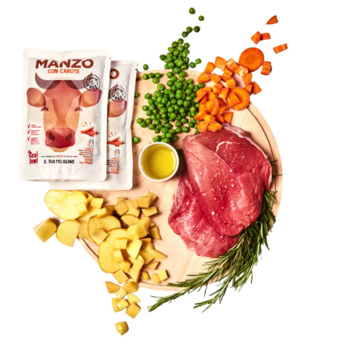 Real Bowl Alimento Completo Fresco Cotto per Cani al Manzo con Carote Senza Cereali Grain Free