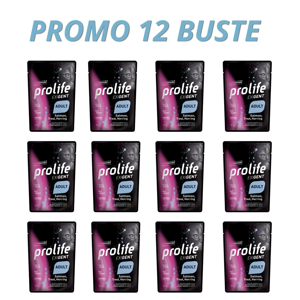 Prolife Cat Exigent Adult Salmone con Trota e Aringa con Patate Umido per Gatti
