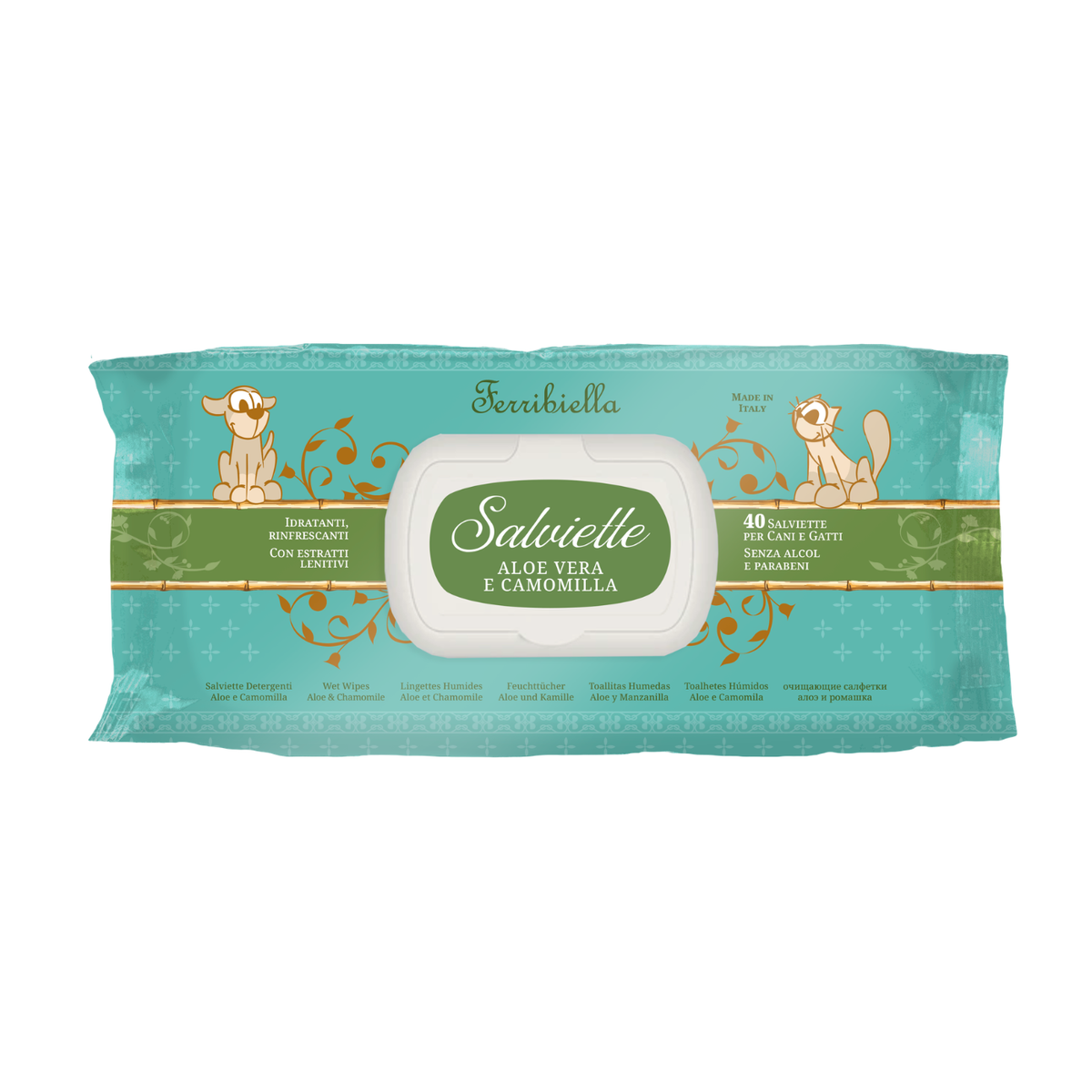 Ferribiella Salviette Detergenti per Cani e Gatti Aloe Vera e Camomilla 40 pz