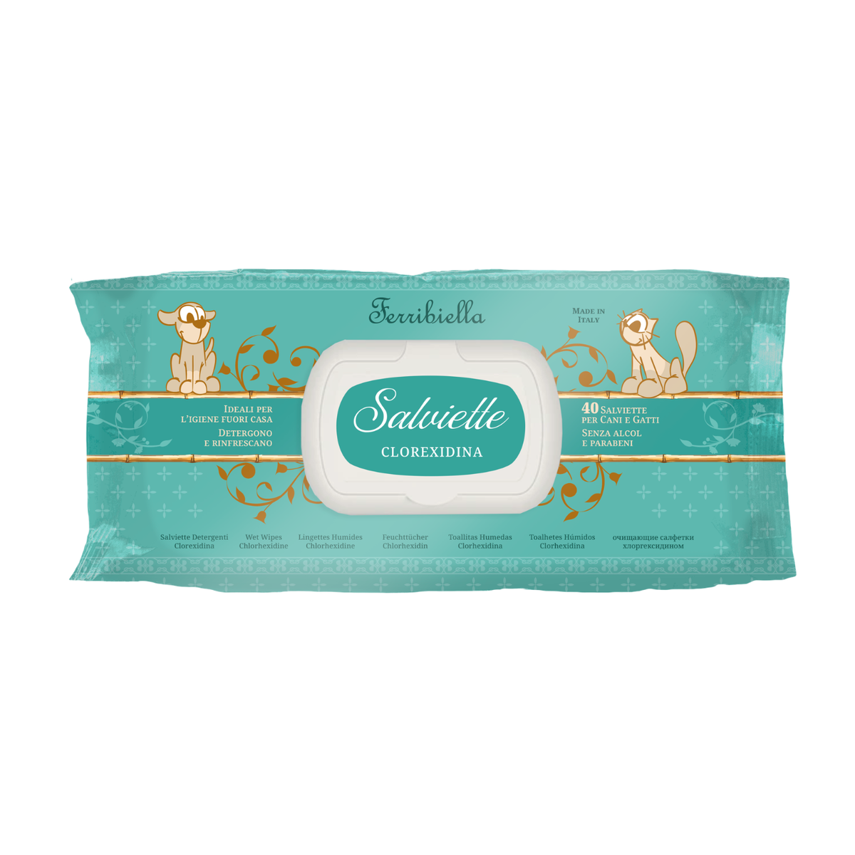Ferribiella Salviette Detergenti per Cani e Gatti Clorexidina 40 pz