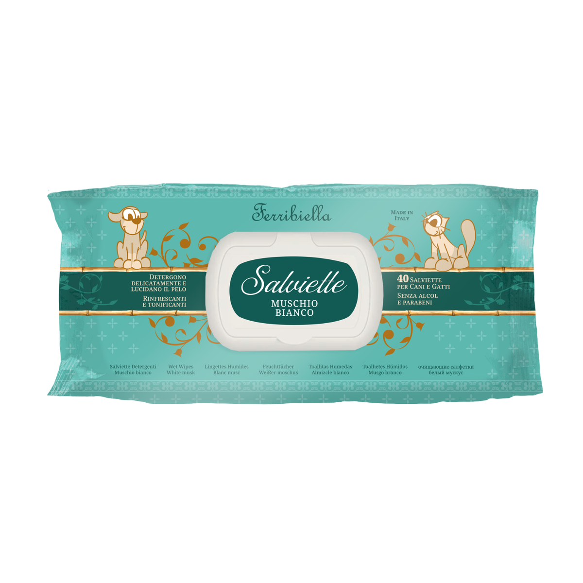 Ferribiella Salviette Detergenti per Cani e Gatti Muschio Bianco 40 pz