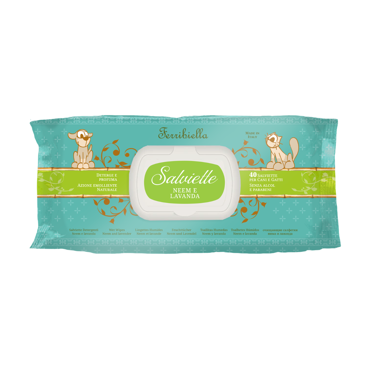 Ferribiella Salviette Detergenti per Cani e Gatti Neem e Lavanda 40 pz