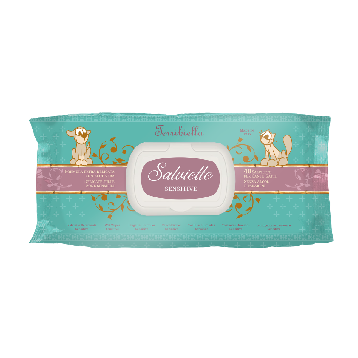 Ferribiella Salviette Detergenti per Cani e Gatti Sensitive 40 pz