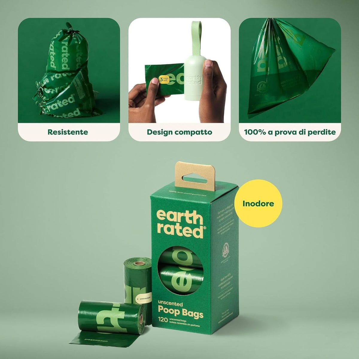 Earth Rated Sacchetti Igienici per Cani Extra Resistenti Senza Profumazione