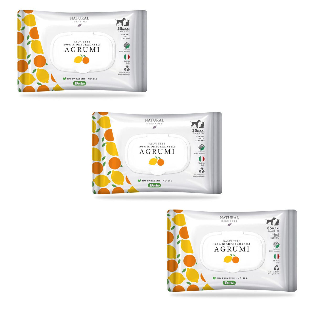 Natural Derma Pet by Derbe Salviette Detergenti per Cani Gatti e Cuccioli Agrumi 100% Biodegradabili
