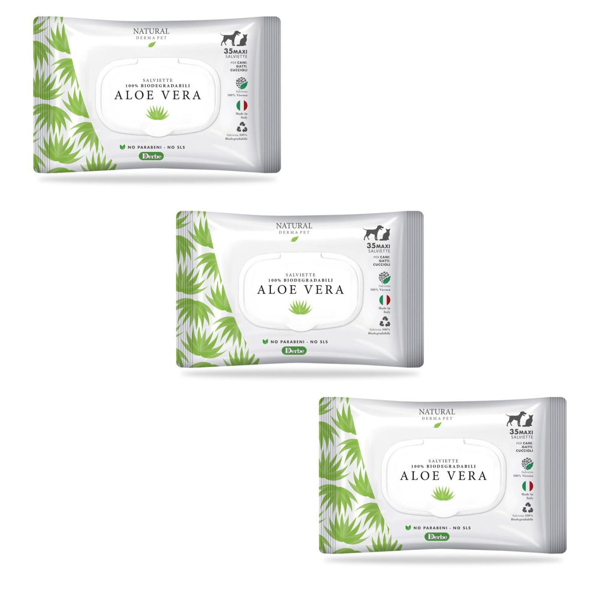 Natural Derma Pet by Derbe Salviette Detergenti per Cani Gatti e Cuccioli Aloe Vera  100% Biodegradabili