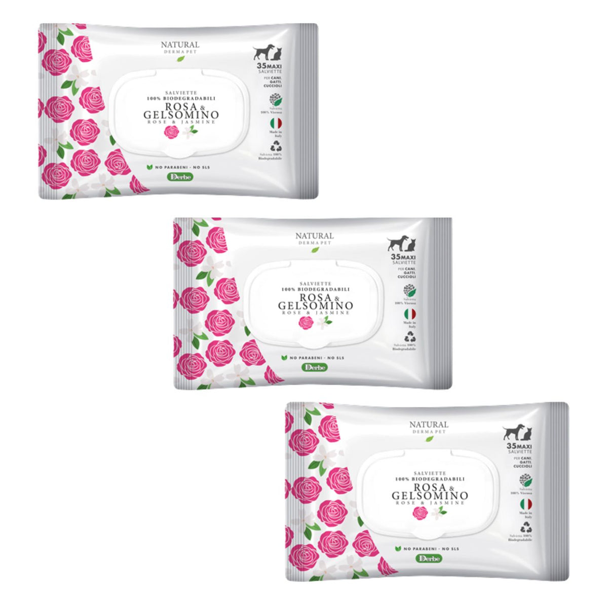 Natural Derma Pet by Derbe Salviette Detergenti per Cani Gatti e Cuccioli Rosa e Gelsomino