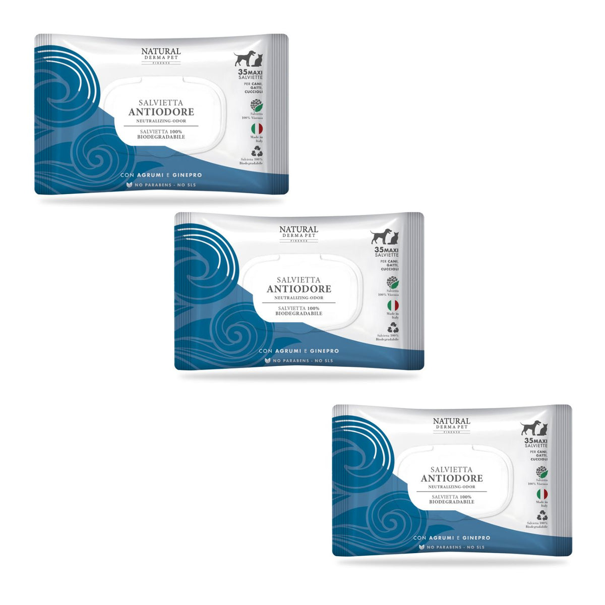 Natural Derma Pet by Derbe Salviettine Antiodore per Cani Gatti e Cuccioli 100% Biodegradabili