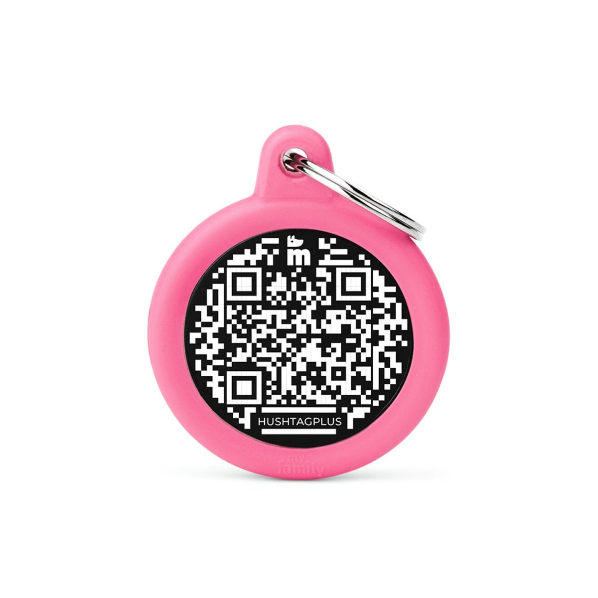 MyFamily Medaglietta per Cani QR Code Hushtag Cerchio Alluminio Nero