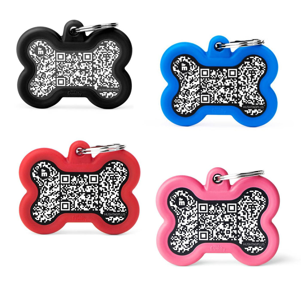 MyFamily Medaglietta per Cani QR Code Hushtag Osso Alluminio Nero