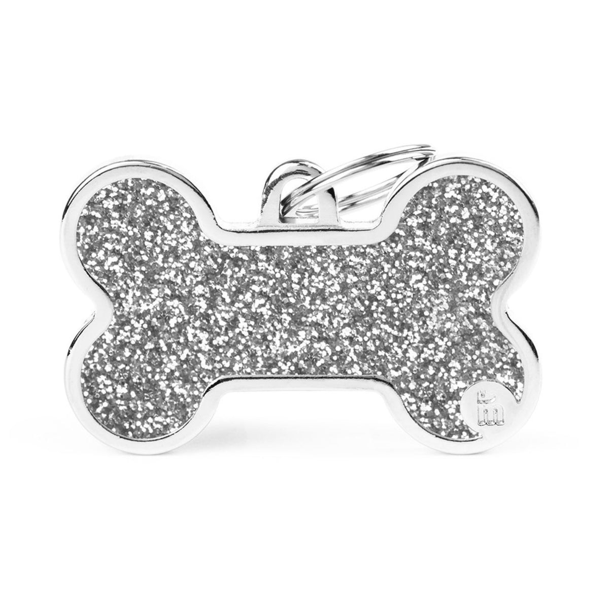 MyFamily Medaglietta Shine per Cani Personalizzabile Osso Glitter Grigio