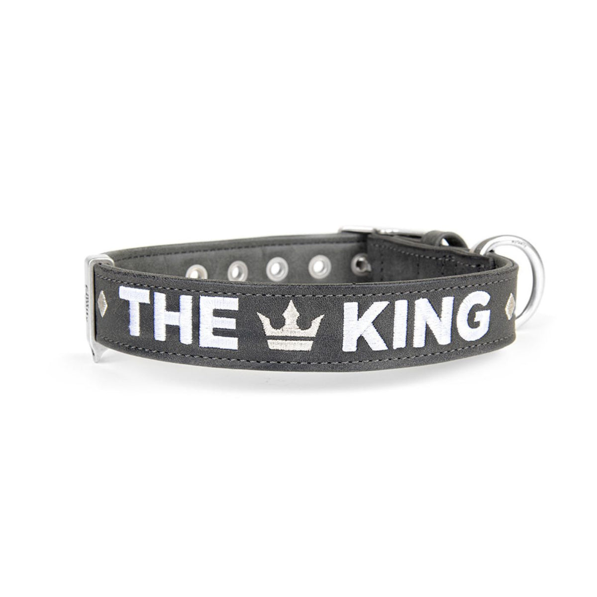 MyFamily Collare per Cani in Similpelle Grigio e Nero Royal Ricamo The King con Finiture in Argento Antico