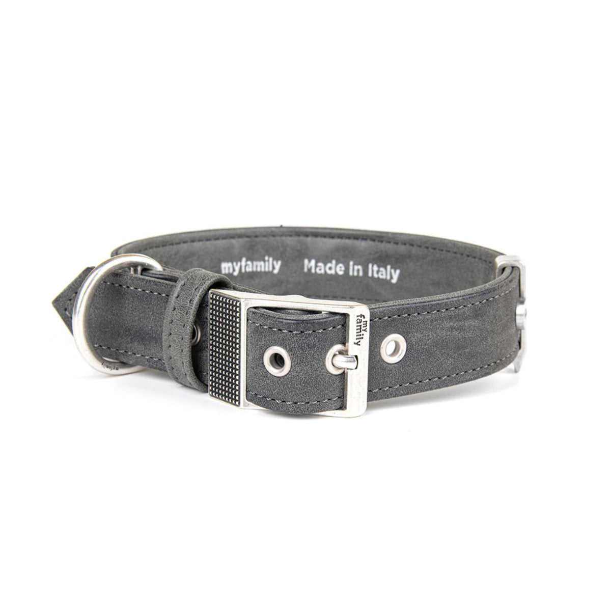 MyFamily Collare per Cani in Similpelle Grigio e Nero Royal Ricamo The King con Finiture in Argento Antico