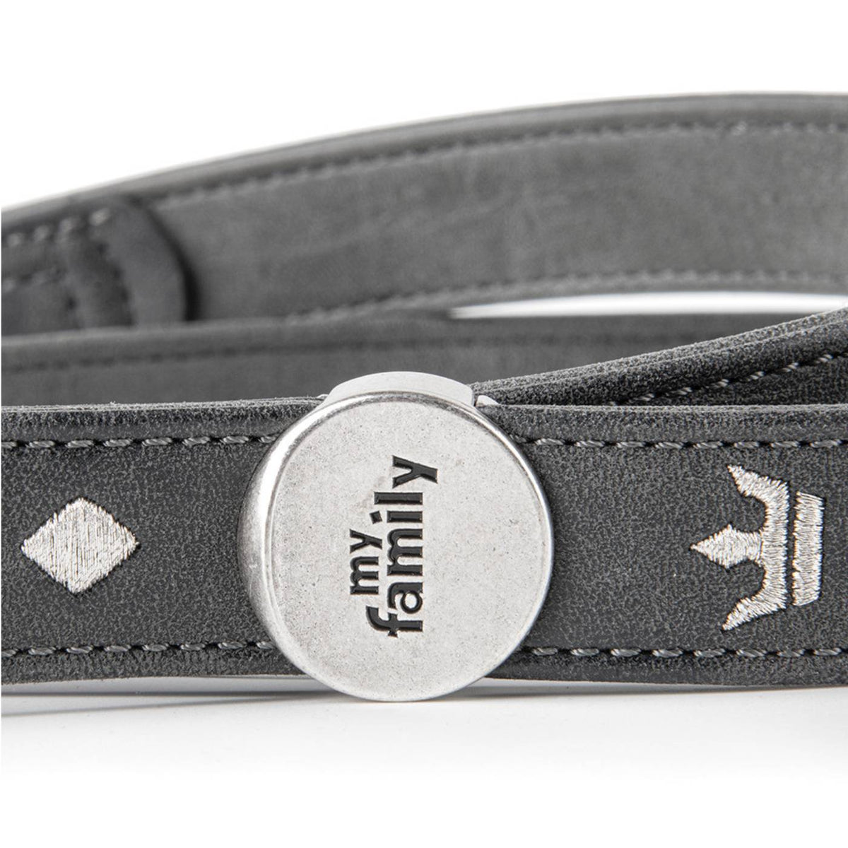 MyFamily Guinzaglio per Cani in Similpelle Grigio e Nero 110 x 2,2 cm Royal Ricamo Corona King con Finiture in Argento Antico