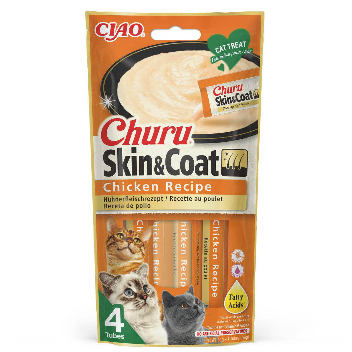 Inaba Ciao Snack in Crema per Gatti Churu Skin&amp;Coat Premio al Pollo 4 Stick da 14 g